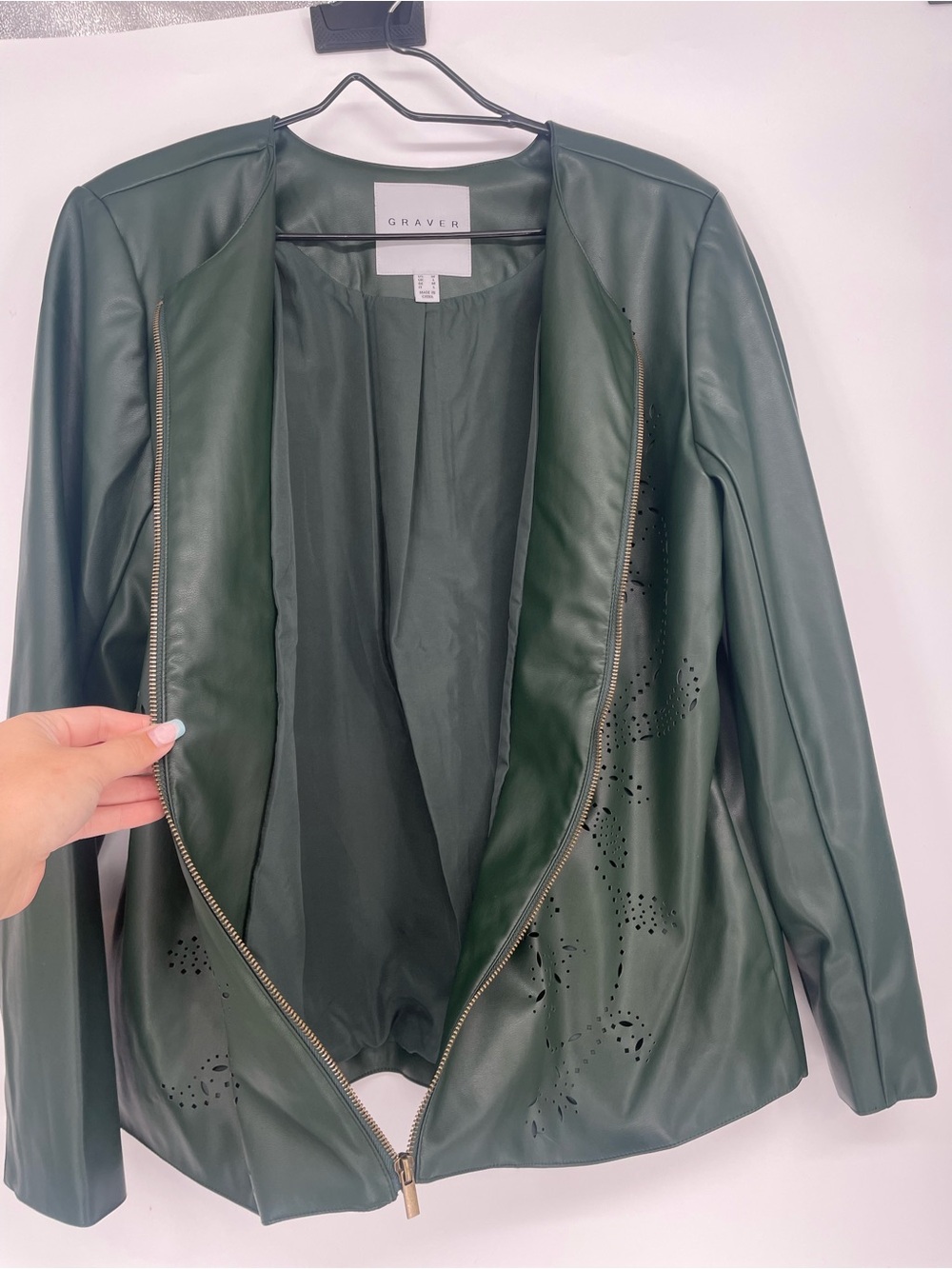 Susan Graver Dark Green Perforated Design Faux Leather Bomber Jacket Zip Front - Picture 7 of 7